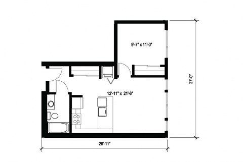 Floor plan for 1 bed, 1 bath, 580 sqft